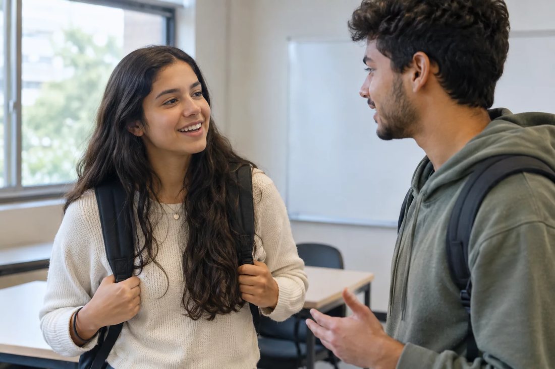 Dois estudantes de mochila continuam a discussão no corredor depois da sessão