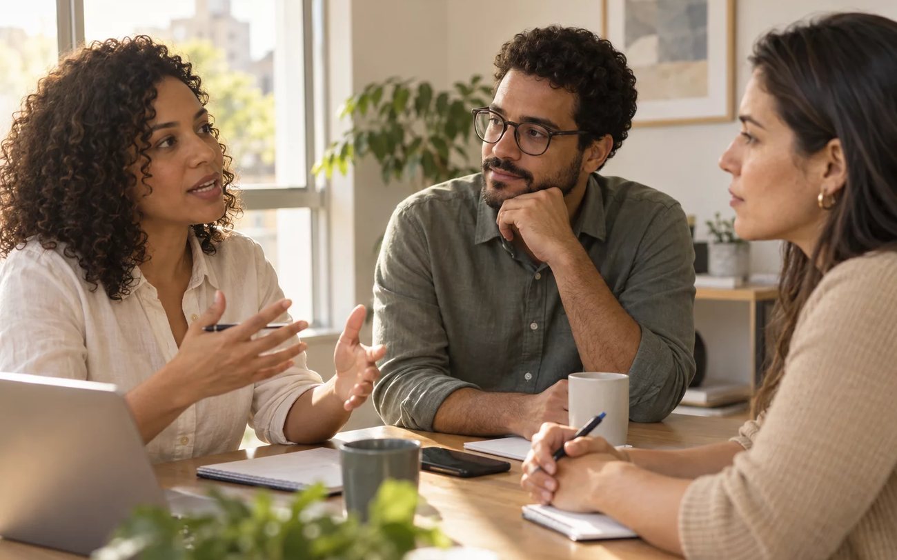 Roda de conversa numa sala clara, com uma pessoa expondo o ponto e duas escutando